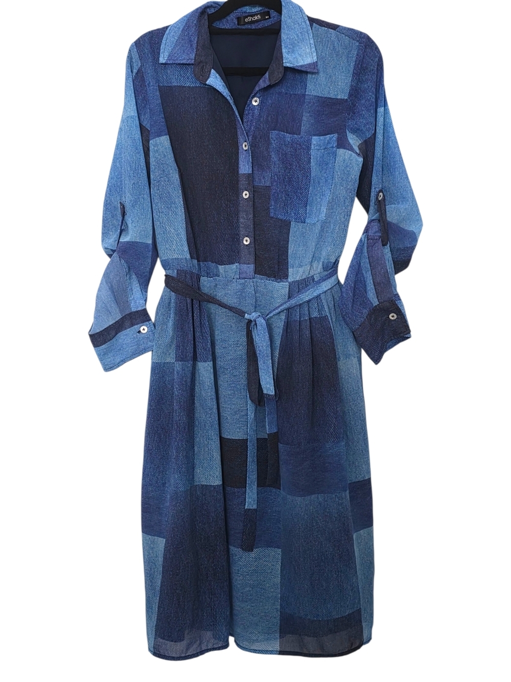 Eshakti Blue Denim Patchwork Pattern Shirt Dress Size 4
